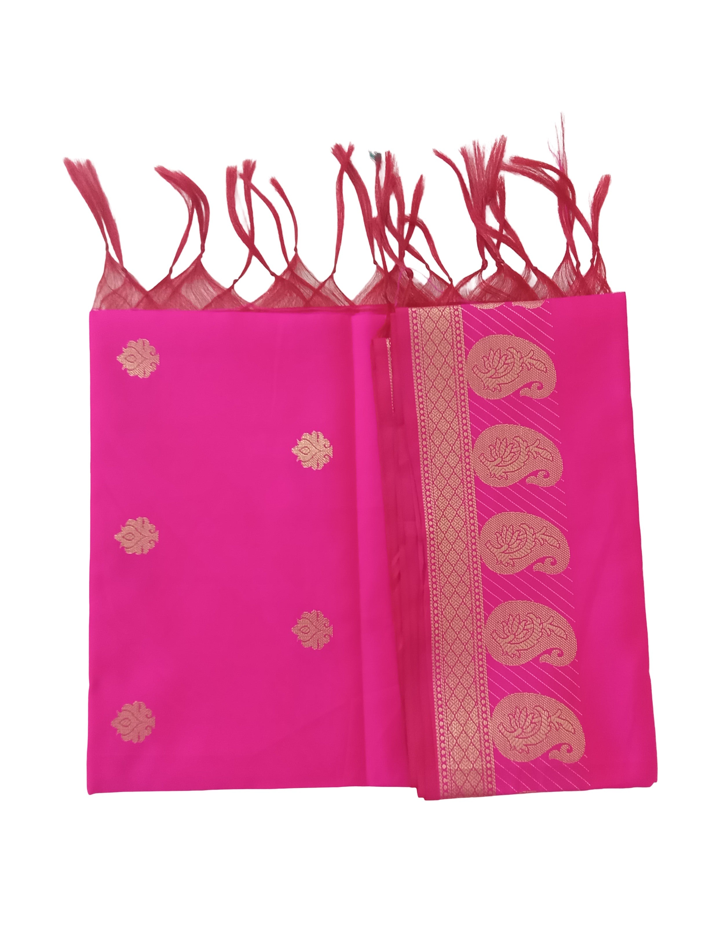 A Banarasi-inspired Rani Pink Art Silk Dupatta with Tassels by Ladylike Accoutre, displayed on a clean white background. Features gold zari butti floral motifs and an intricate paisley border. 