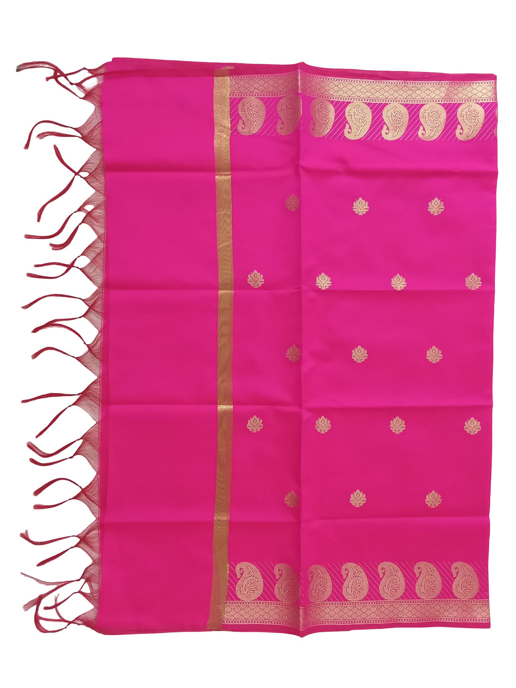 A Banarasi-inspired Rani Pink Art Silk Dupatta with Tassels by Ladylike Accoutre, displayed on a clean white background. Features gold zari butti floral motifs and an intricate paisley border.