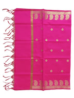 A Banarasi-inspired Rani Pink Art Silk Dupatta with Tassels by Ladylike Accoutre, displayed on a clean white background. Features gold zari butti floral motifs and an intricate paisley border.