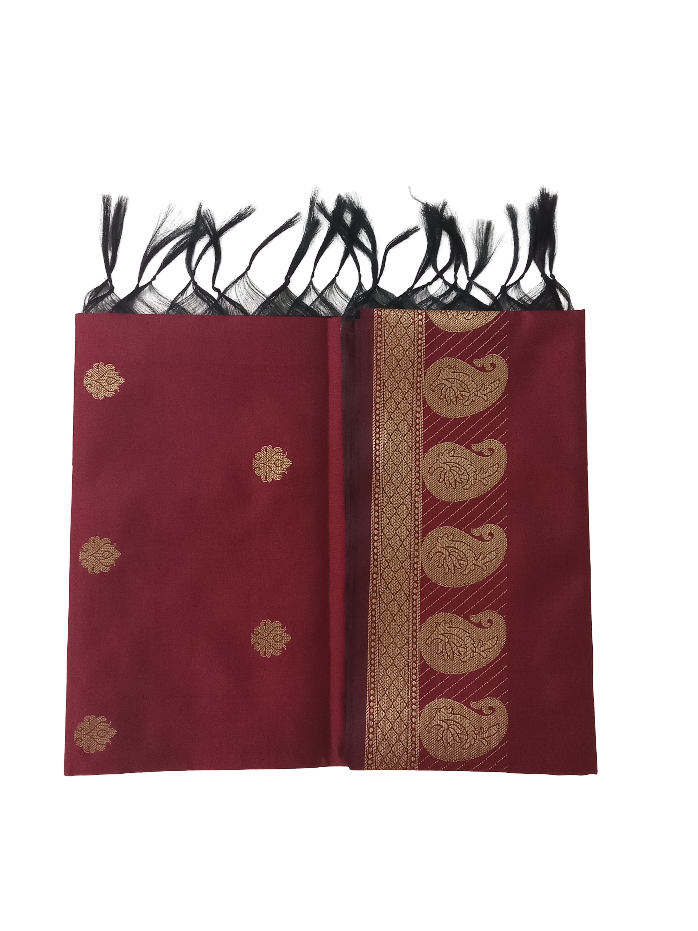 A Banarasi-inspired Ruby Red Art Silk Dupatta with Tassels by Ladylike Accoutre, displayed on a clean white background. Features gold zari butti floral motifs and an intricate paisley border.