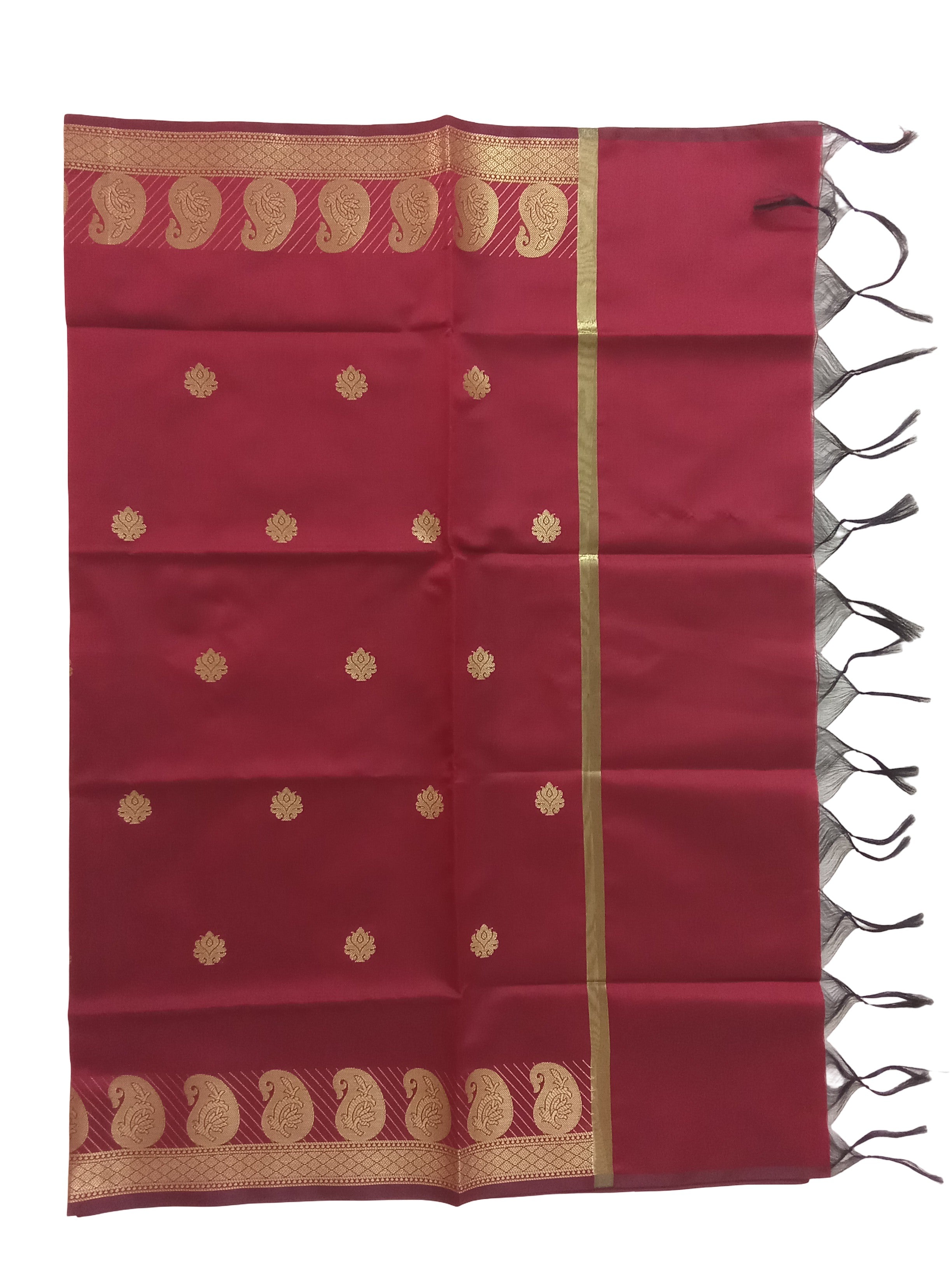 A Banarasi-inspired Ruby Red Art Silk Dupatta with Tassels by Ladylike Accoutre, displayed on a clean white background. Features gold zari butti floral motifs and an intricate paisley border.
