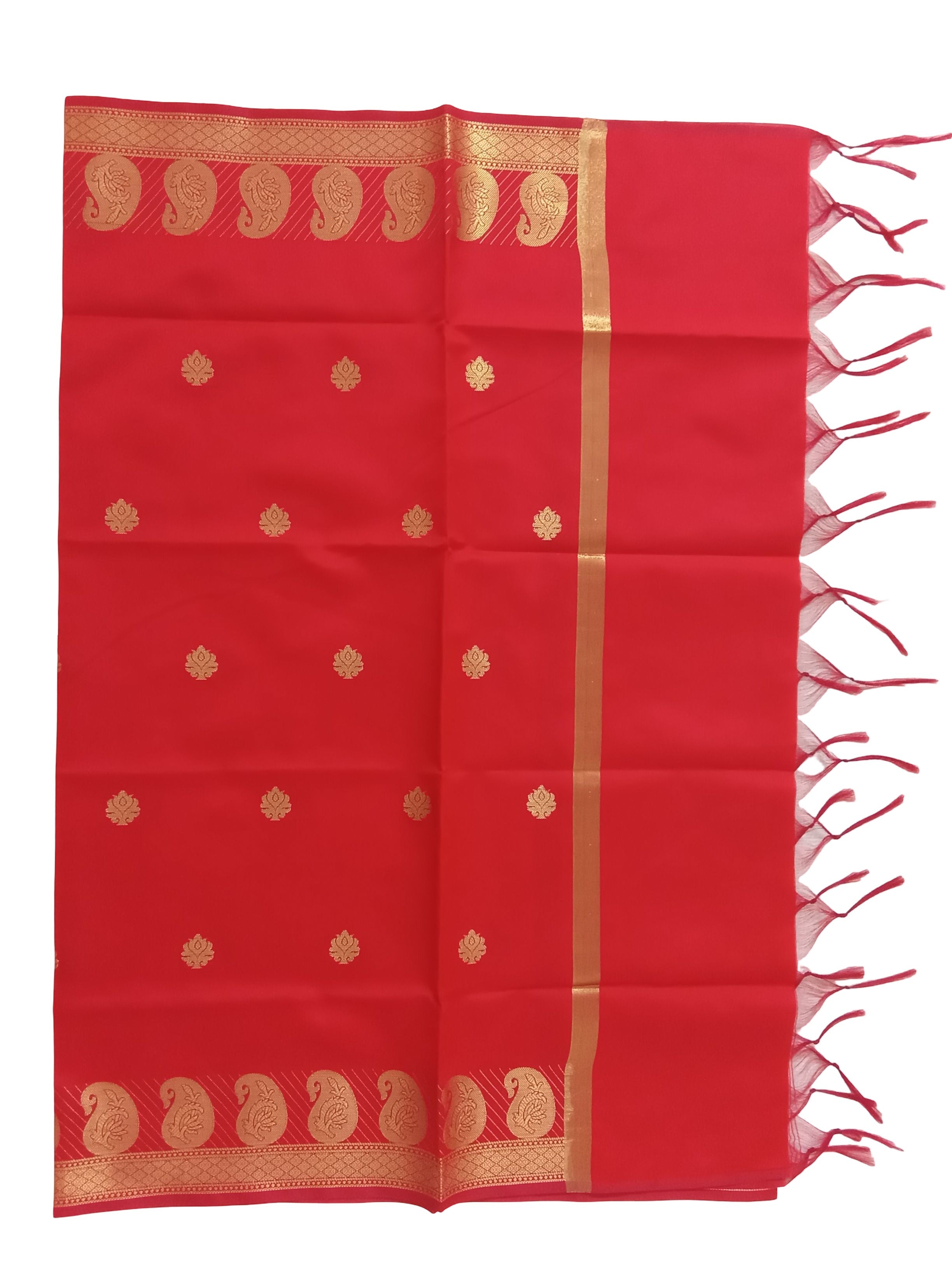 A Banarasi-inspired Red Art Silk Dupatta with Tassels by Ladylike Accoutre, displayed on a clean white background. Features gold zari butti floral motifs and an intricate paisley border.