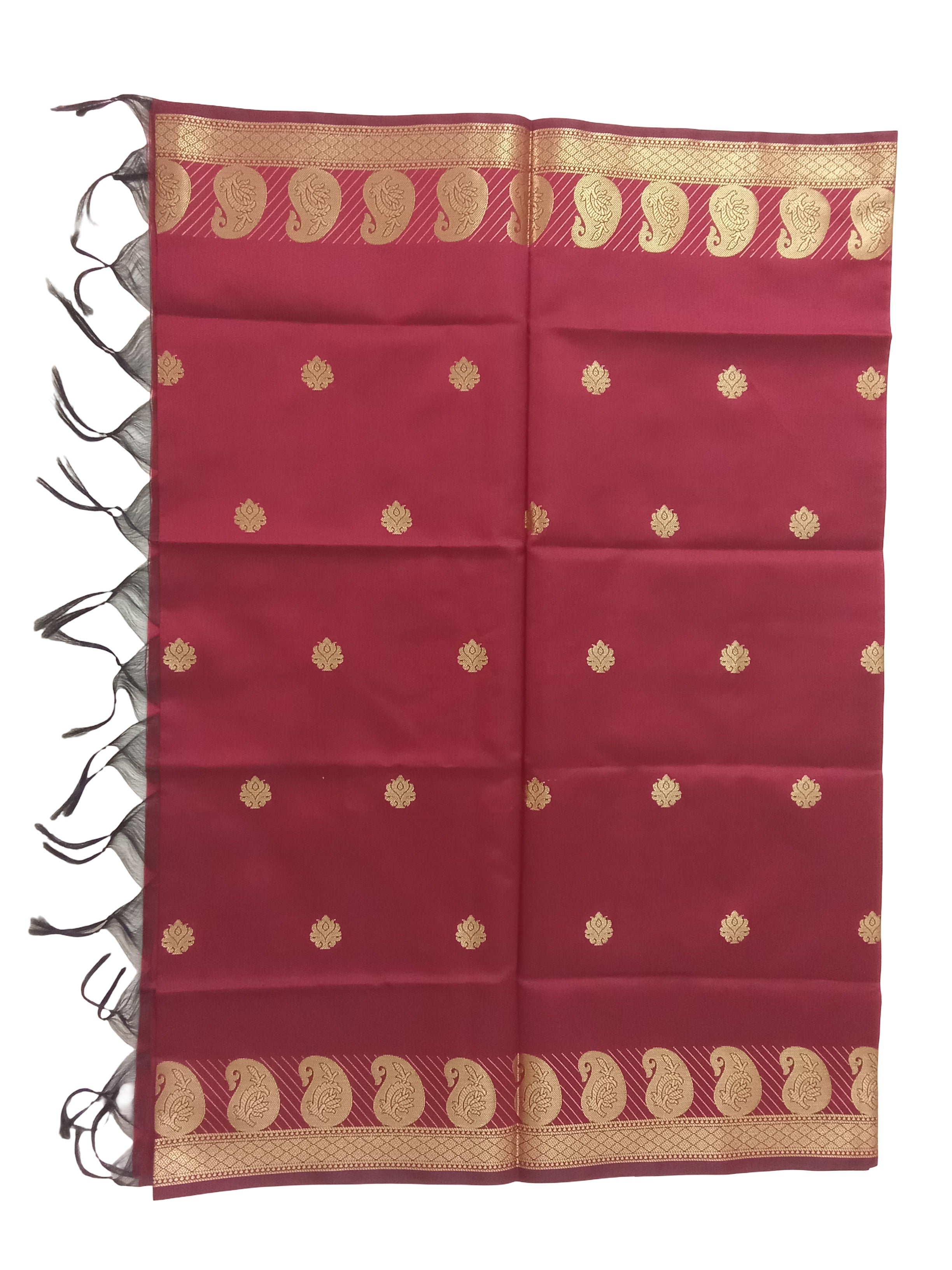 A Banarasi-inspired Ruby Red Art Silk Dupatta with Tassels by Ladylike Accoutre, displayed on a clean white background. Features gold zari butti floral motifs and an intricate paisley border.