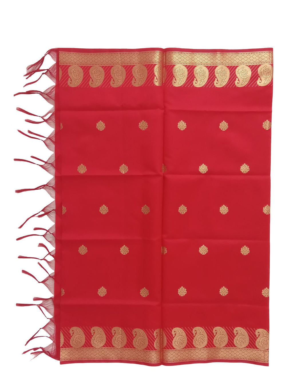 A Banarasi-inspired Red Art Silk Dupatta with Tassels by Ladylike Accoutre, displayed on a clean white background. Features gold zari butti floral motifs and an intricate paisley border.