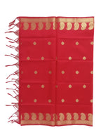 A Banarasi-inspired Red Art Silk Dupatta with Tassels by Ladylike Accoutre, displayed on a clean white background. Features gold zari butti floral motifs and an intricate paisley border.