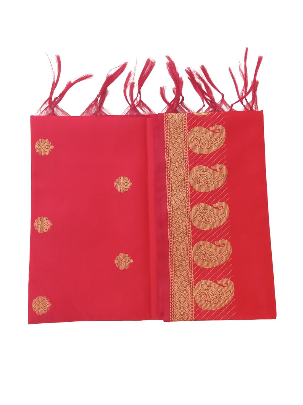 A Banarasi-inspired Red Art Silk Dupatta with Tassels by Ladylike Accoutre, displayed on a clean white background. Features gold zari butti floral motifs and an intricate paisley border.