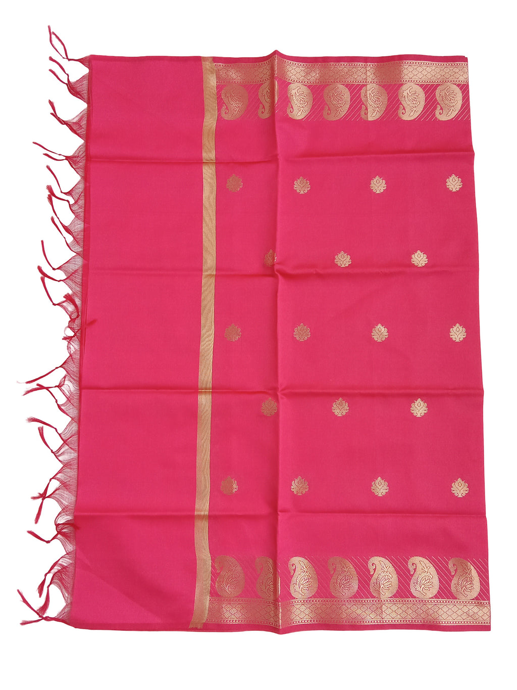 A Banarasi-inspired Reddish Pink Art Silk Dupatta with Tassels by Ladylike Accoutre, displayed on a clean white background. Features gold zari butti floral motifs and an intricate paisley border.