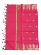 A Banarasi-inspired Reddish Pink Art Silk Dupatta with Tassels by Ladylike Accoutre, displayed on a clean white background. Features gold zari butti floral motifs and an intricate paisley border.