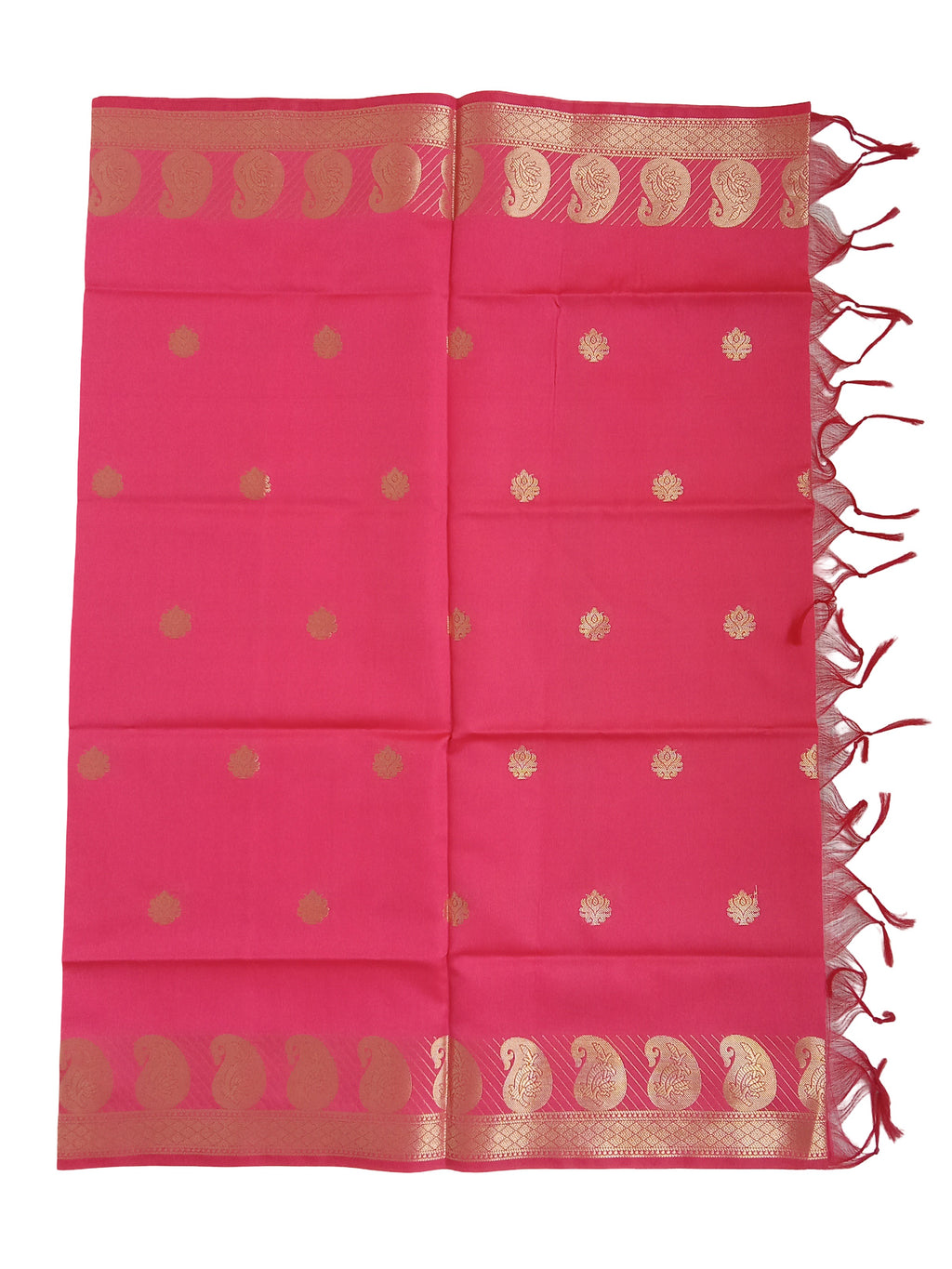 A Banarasi-inspired Reddish Pink Art Silk Dupatta with Tassels by Ladylike Accoutre, displayed on a clean white background. Features gold zari butti floral motifs and an intricate paisley border.