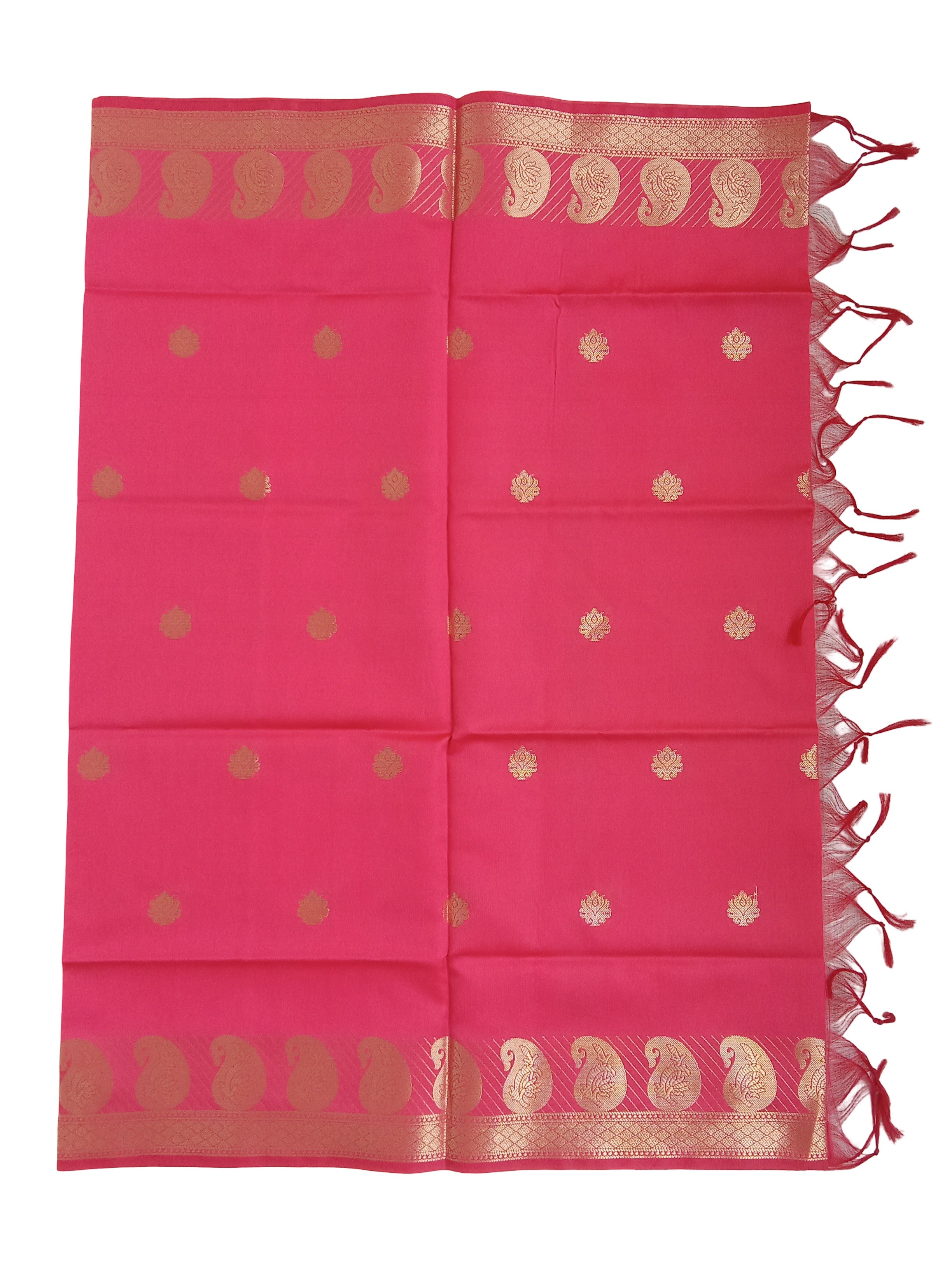 A Banarasi-inspired Reddish Pink Art Silk Dupatta with Tassels by Ladylike Accoutre, displayed on a clean white background. Features gold zari butti floral motifs and an intricate paisley border.