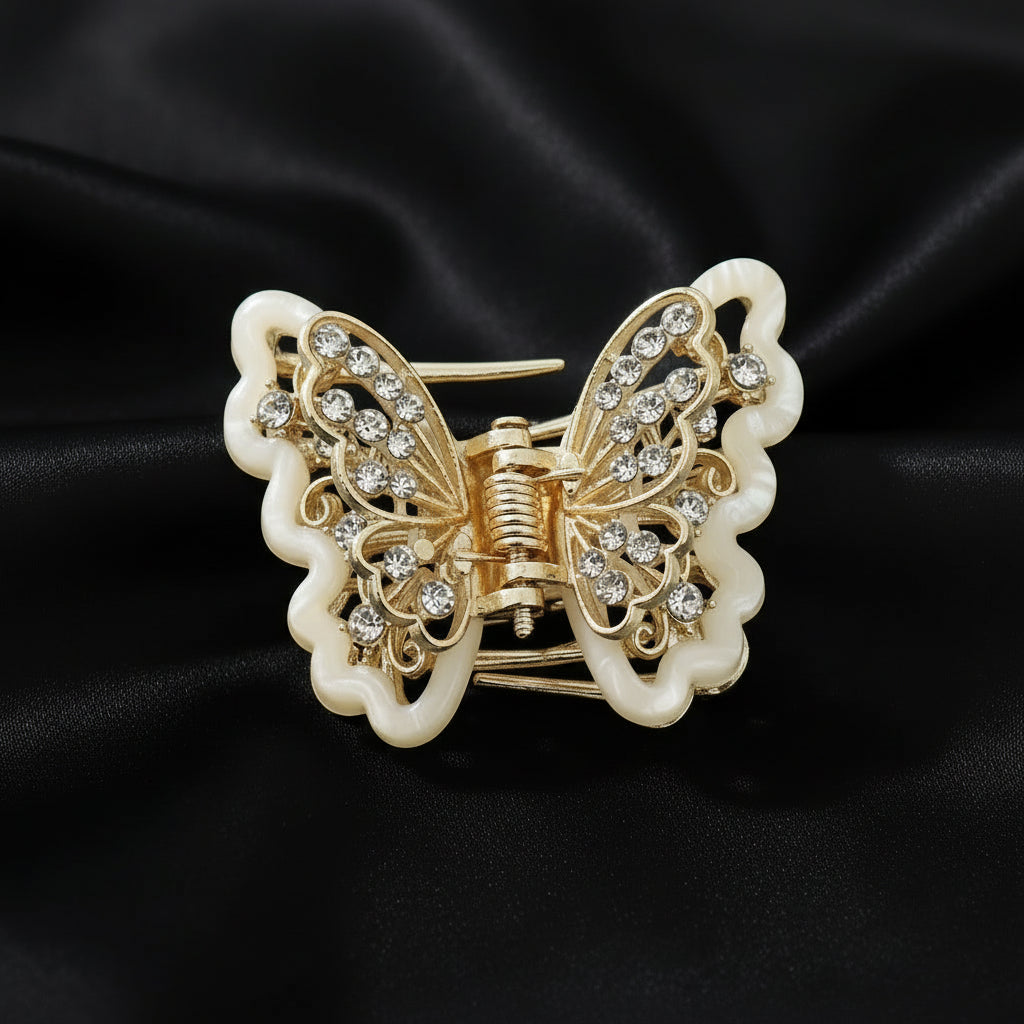 Gold-Tone Crystal Embellished Butterfly Hair Claw Clip – White