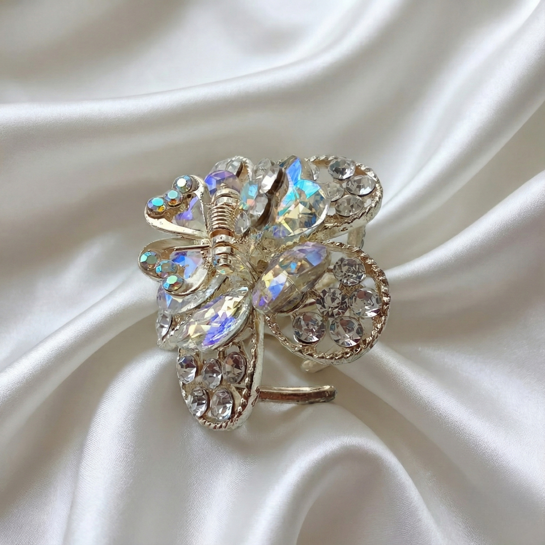 Gold-Tone Crystal Flower Hair Claw Clip – White