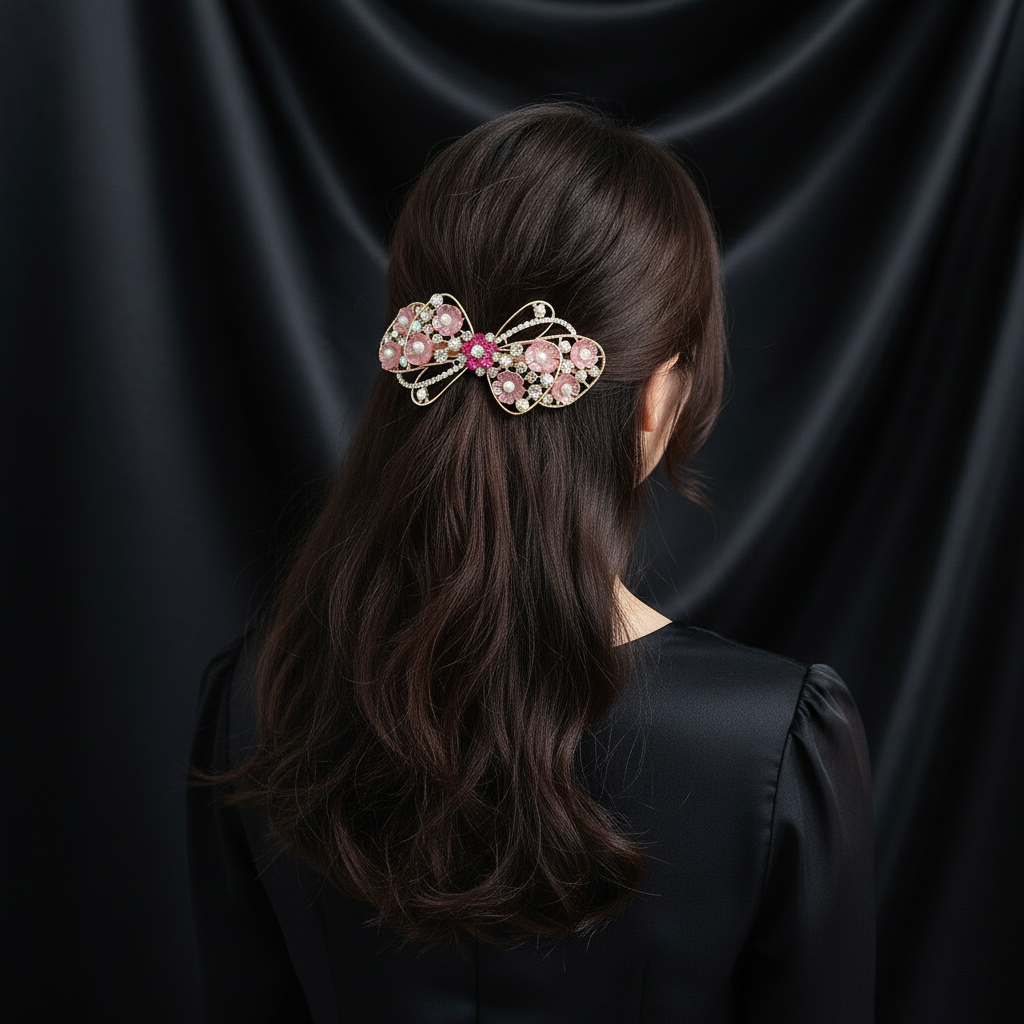 Gold-Tone Red Floral Bow Barrette – Pearl & Crystal Hair Clip