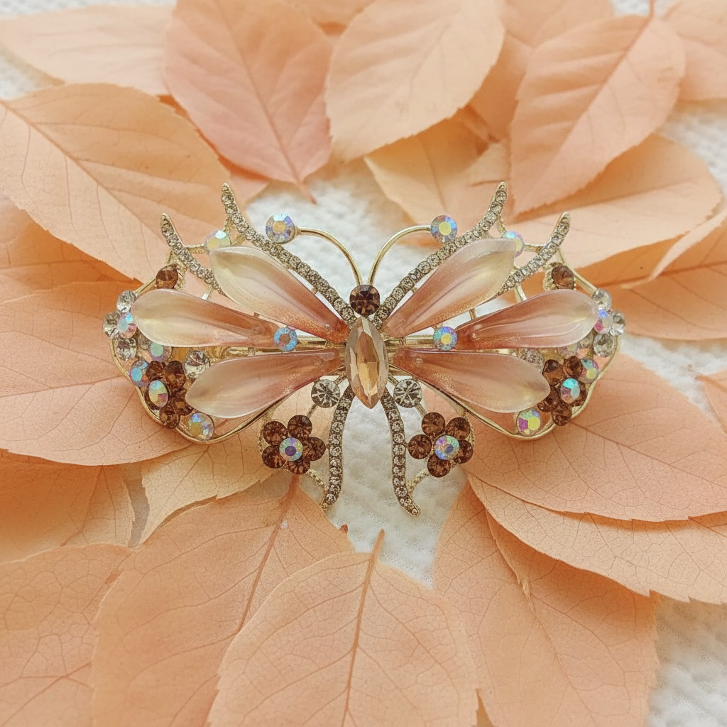Gold-Tone Crystal Butterfly Barrette with Gradient Peach Resin Wings Hair Clip