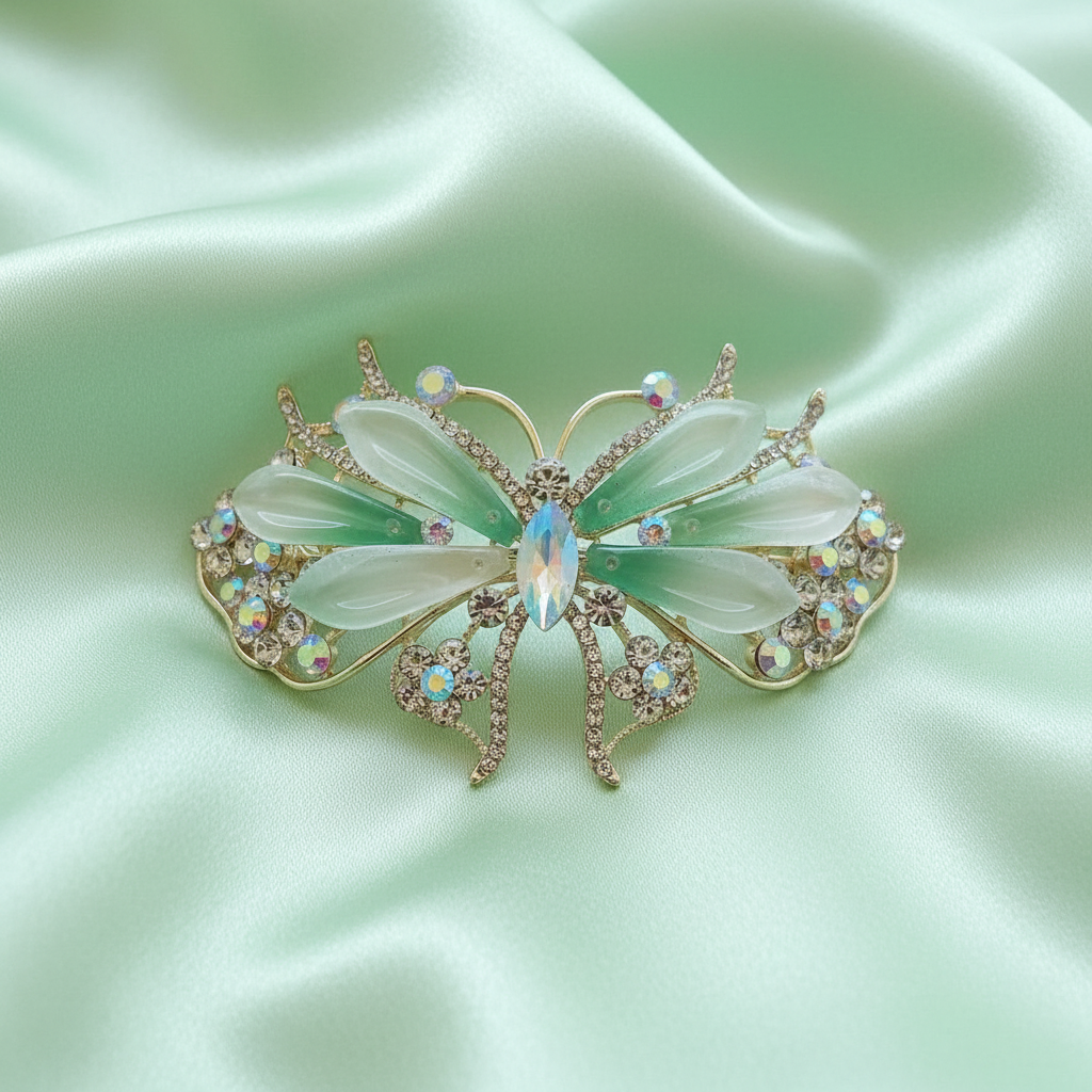 Gold-Tone Crystal Butterfly Barrette with Gradient Green Resin Wings Hair Clip