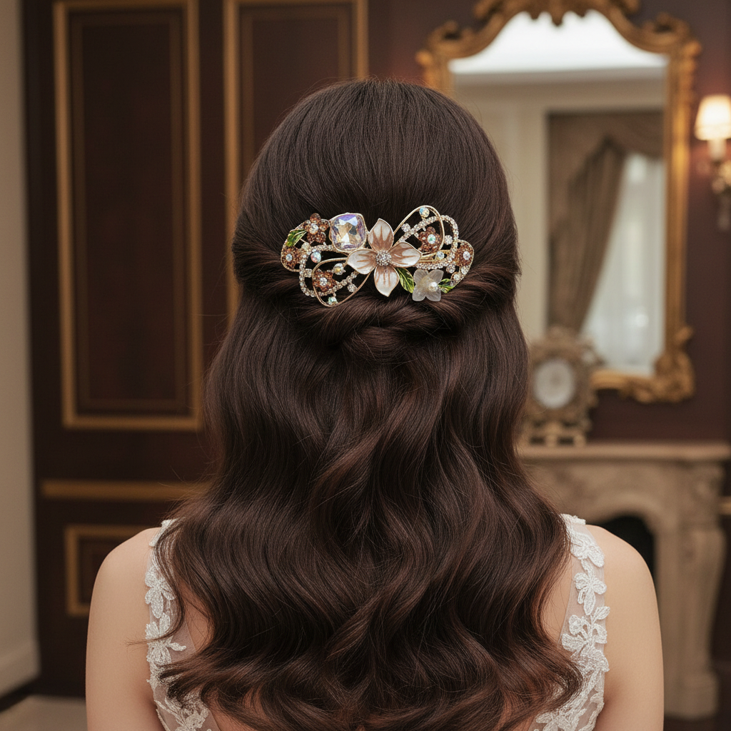 Gold-Tone Floral Barrette with Brown Pearls & Crystals – Hair Clip