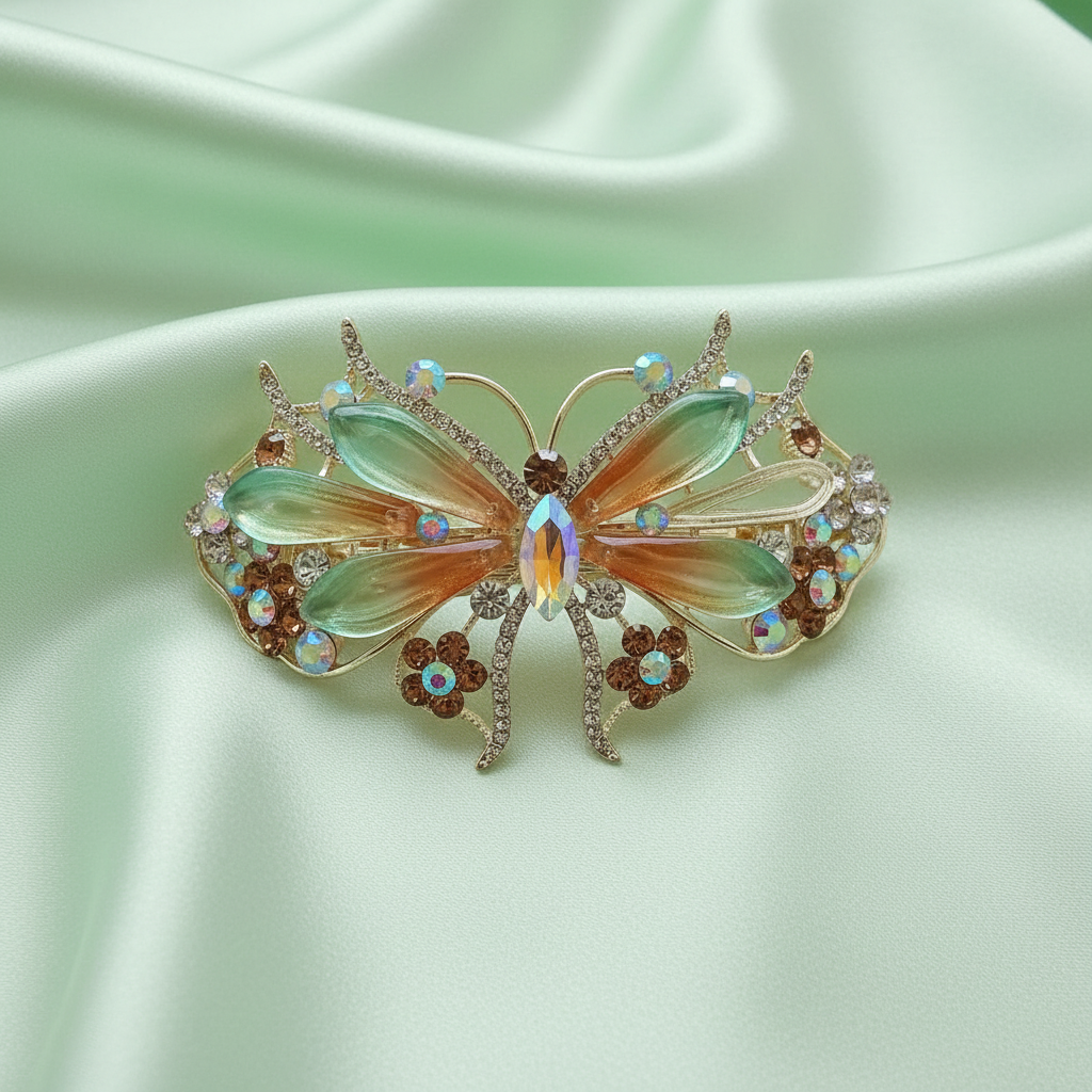 Gold-Tone Crystal Butterfly Barrette with Gradient Green and Amber Resin Wings Hair Clip