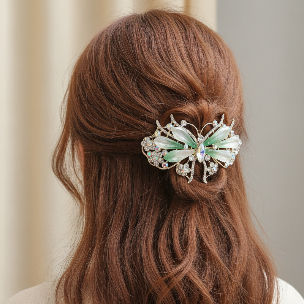 Gold-Tone Crystal Butterfly Barrette with Gradient Green Wings - Hair Clip
