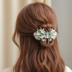 Gold-Tone Crystal Butterfly Barrette with Gradient Green Wings - Hair Clip