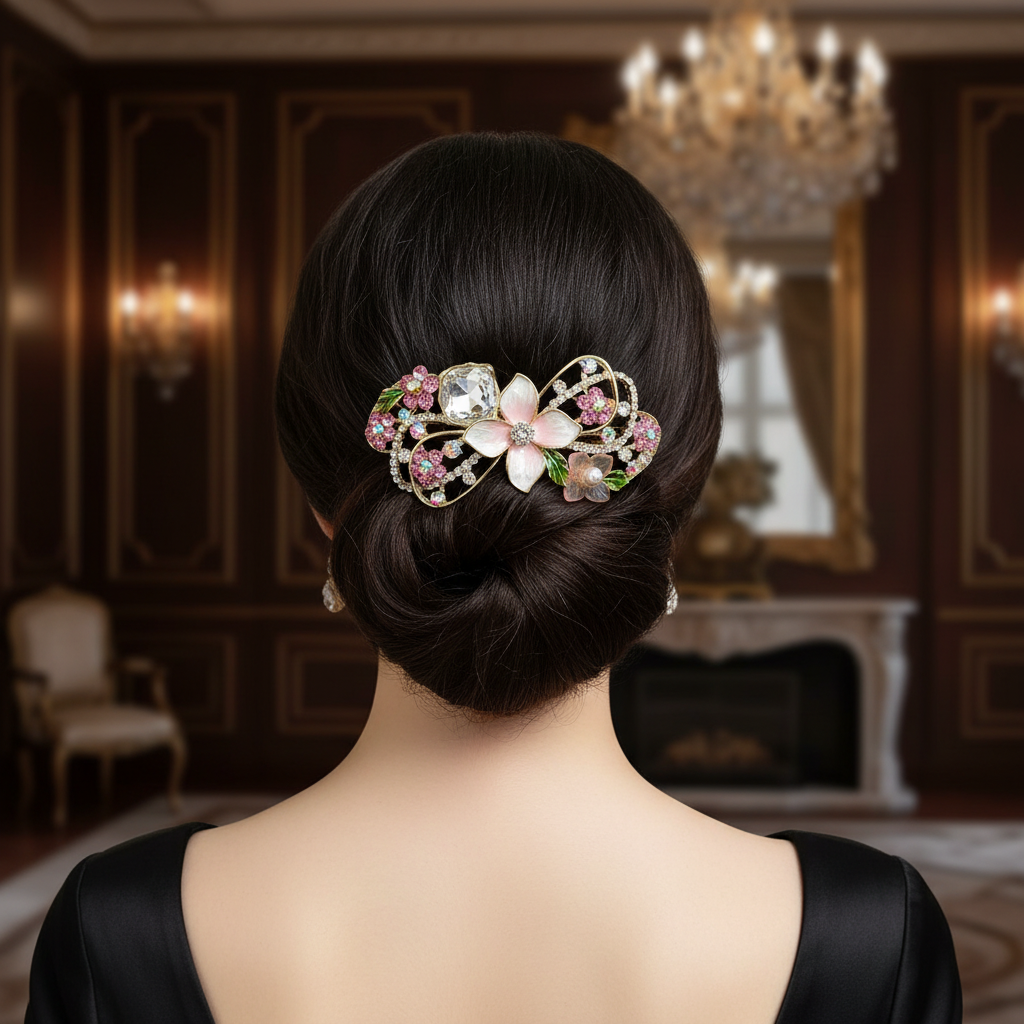 Gold-Tone Floral Barrette with Pink Pearls & Crystals – Hair Clip