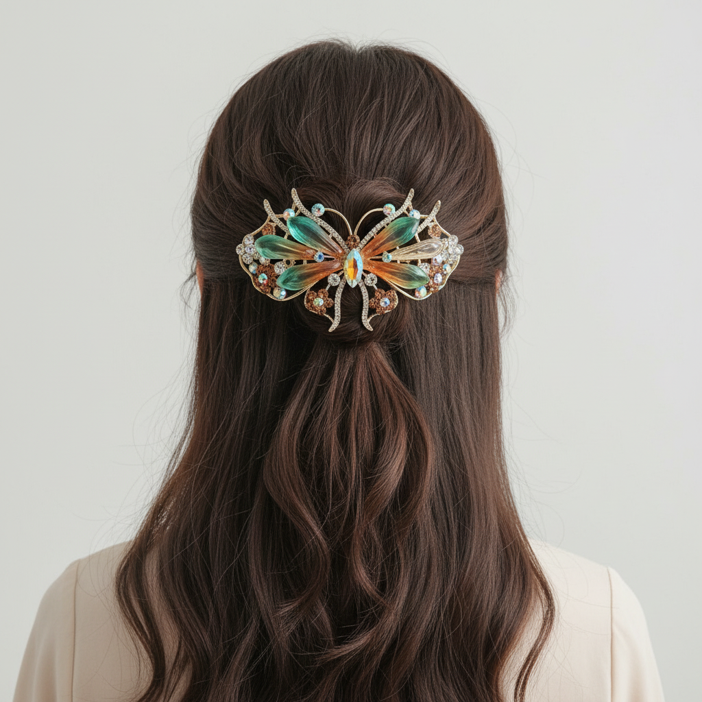 Gold-Tone Crystal Butterfly Barrette with Gradient Green & Amber Wings - Hair Clip