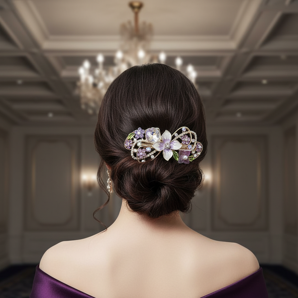 Gold-Tone Floral Barrette with Lavender Pearls & Crystals – Hair Clip