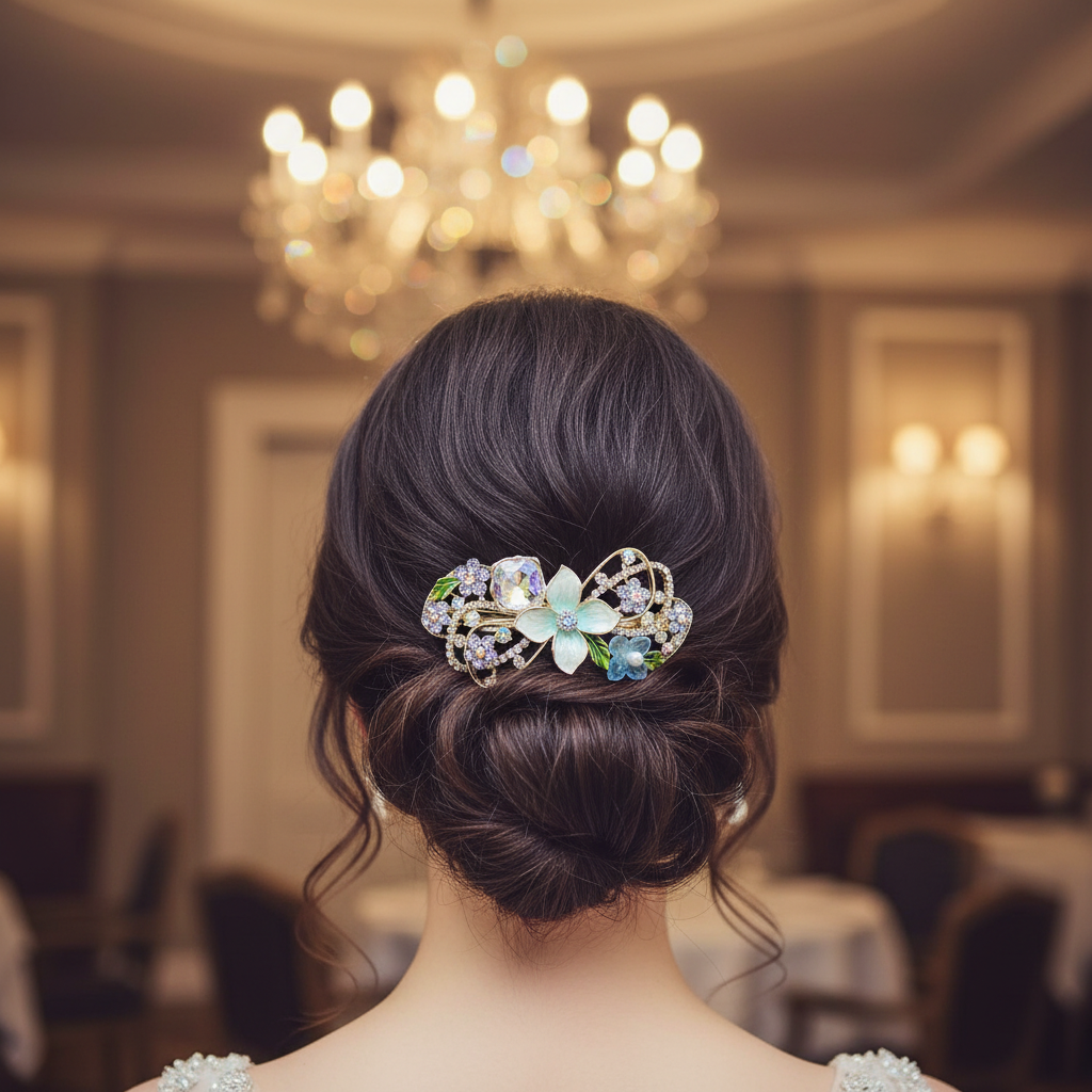 Gold-Tone Floral Barrette with Blue Pearls & Crystals – Hair Clip